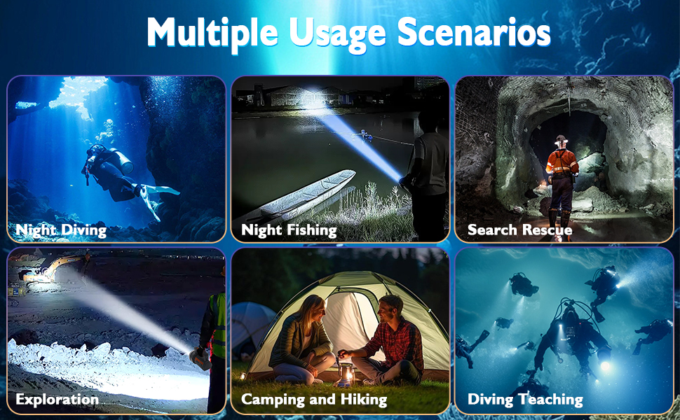 rechargeable diving flashlight for camping, night dive, indoor and outdoor use