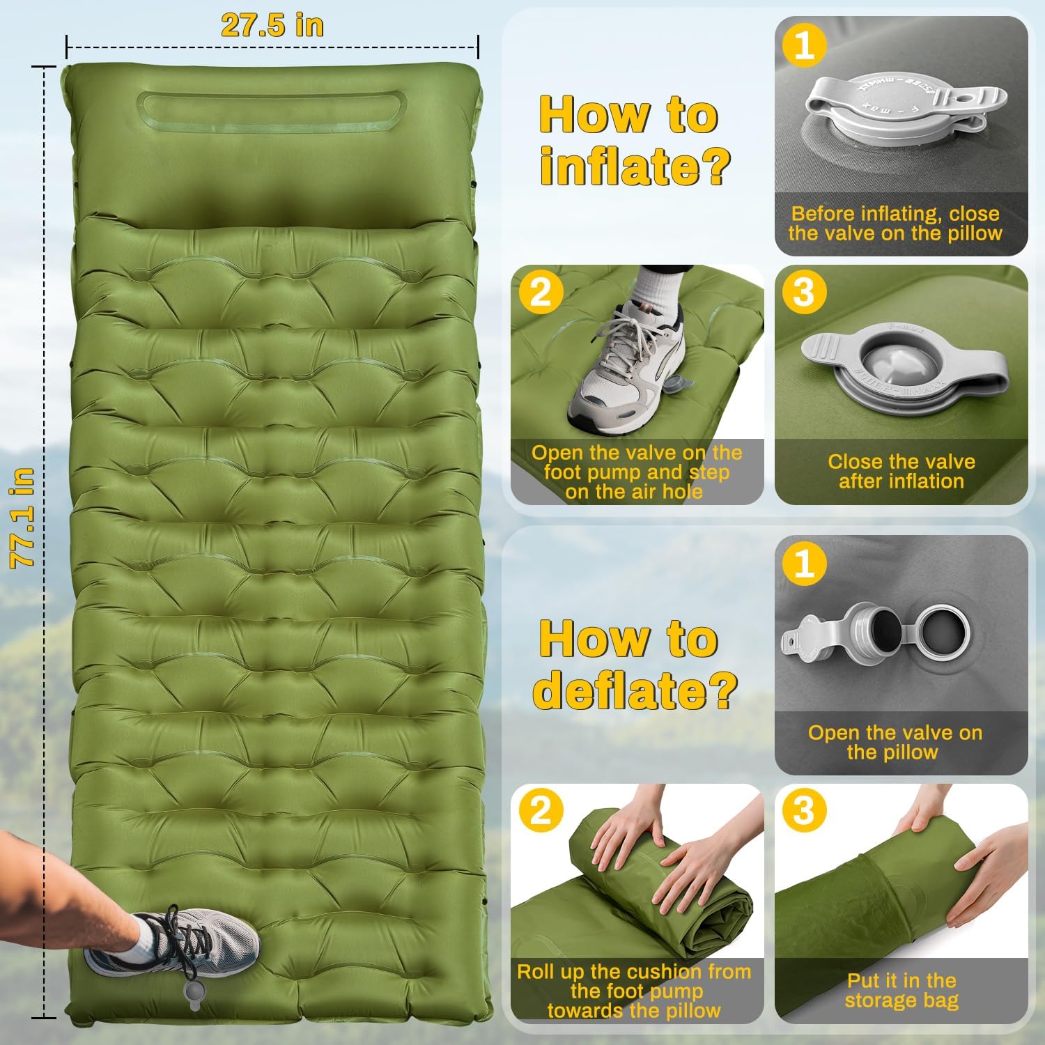 camping sleeping pad, extra thick 6 inch inflatable camping mat with pillow camping sleeping pad, extra thick 6 inch inflatable camping mat with pillow