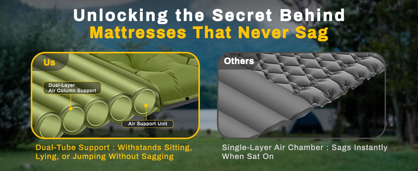 camping sleeping pad, extra thick 6 inch inflatable camping mat with pillow