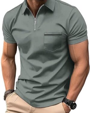mens polo shirts quarter zip shirts casual classic lightweight short sleeve golf collared shirt with pocket