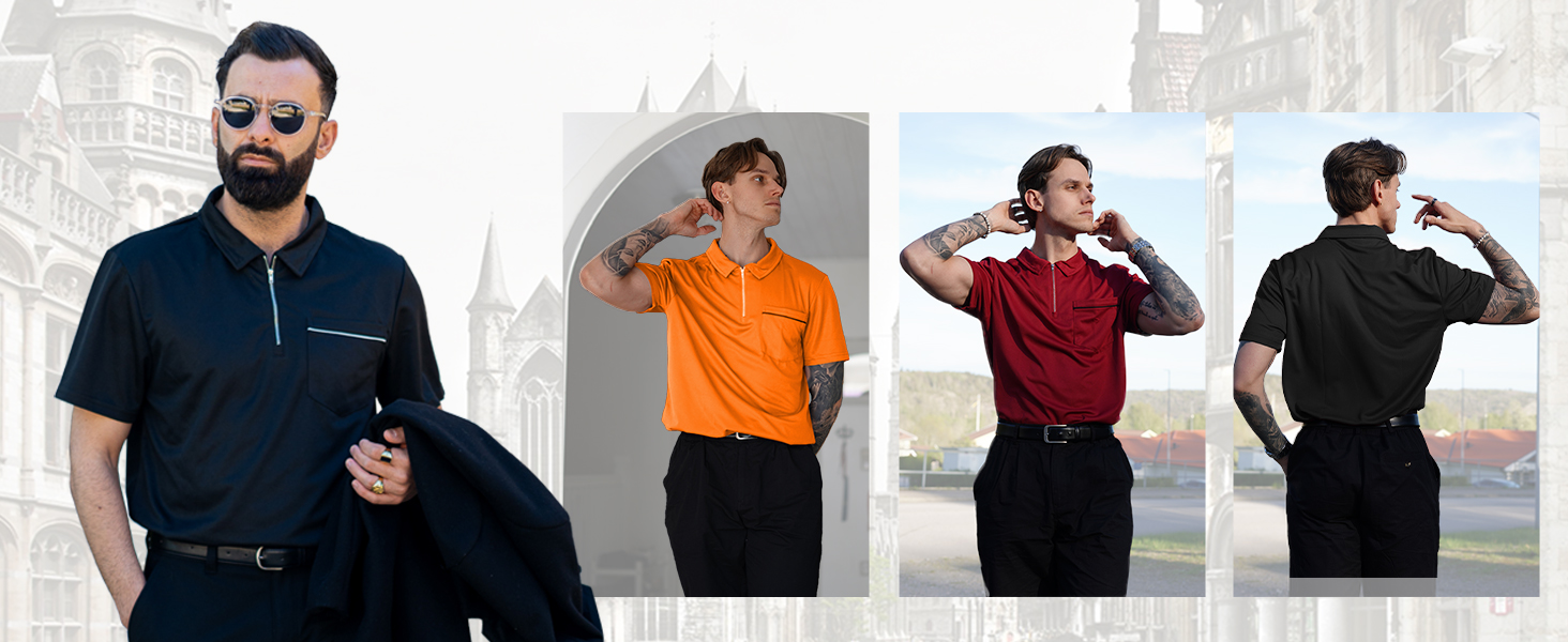 mens polo shirts quarter zip shirts casual classic lightweight short sleeve golf collared shirt with pocket