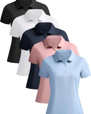 5 pack women's polo shirts short sleeve 3 buttons collared uniform tops moisture wicking t shirts (size medium))