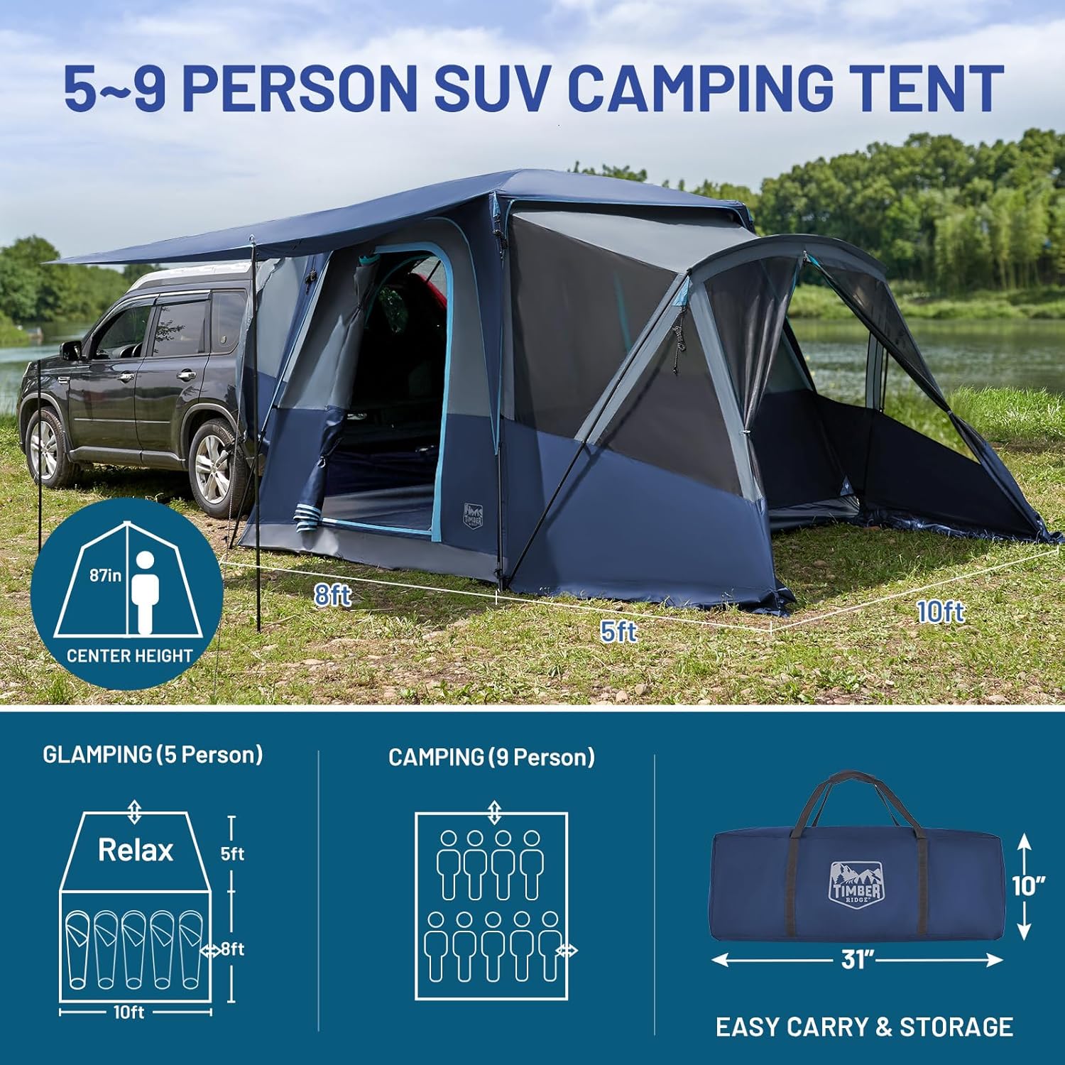 5-9 Person SUV Tent with Screen Porch and Awning for Family Camping, Weather Resistant and Portable Van or Car Tent, Includes Rainfly and Storage Bag, 13' W X 10' L X 7.1' H 5 9 person suv tent with screen porch and awning for family camping, weather resistant and portable van or car tent, includes rainfly and storage bag, 13